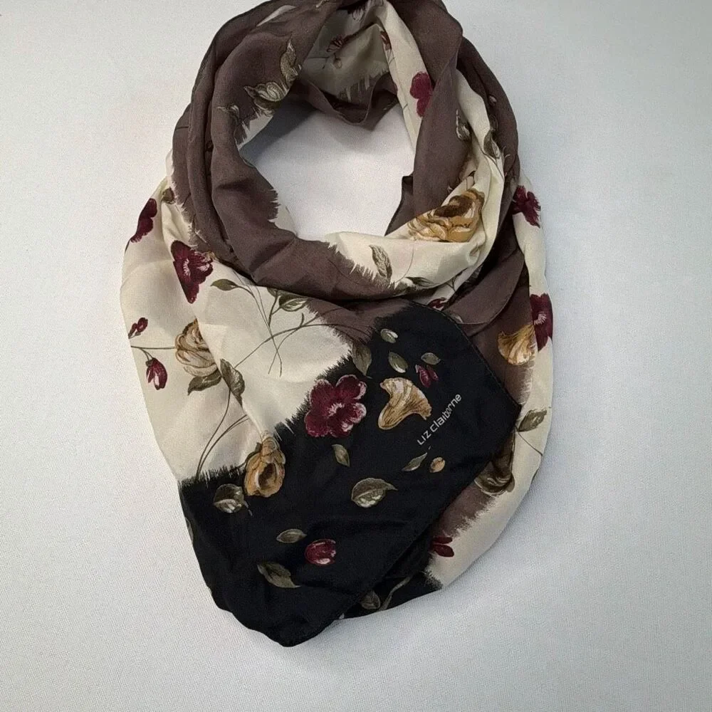 Liz Claiborne Vintage Silk Scarf Flowers Cream and Taupe
